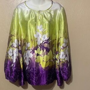 Susan Graver XL Satin Blouse - Lime and Purple Floral